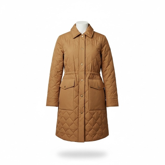 Talbots Tan Quilted Snap Button Cinch Waist Midi-Length Coat Size Large Petite - Picture 6 of 14